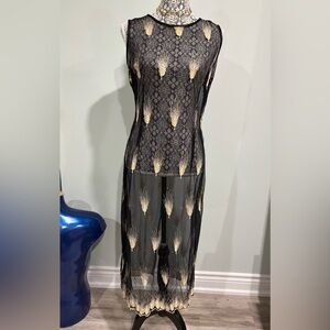 Vintage Made in USA SAM Black and Gold Lace See Through Maxi Dress Hollywood